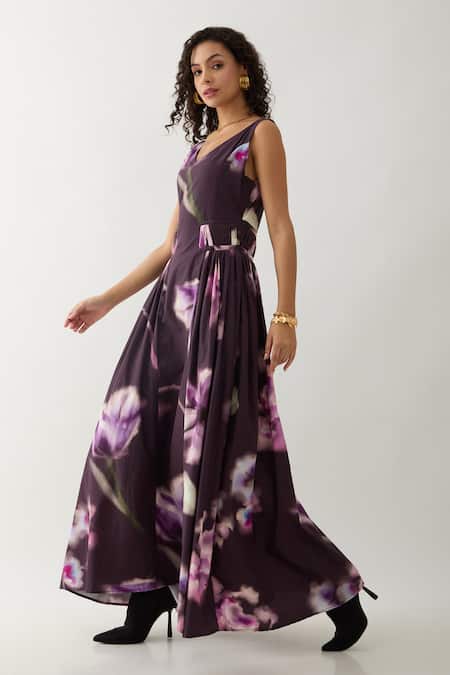 Son Of A Noble Snob Purple Cotton Satin V-neck Floral Maxi Dress Online at Aza Fashions Son Of A Noble Snob_Purple Cotton Satin V-neck Floral Maxi Dress _Online_at_Aza_Fashions