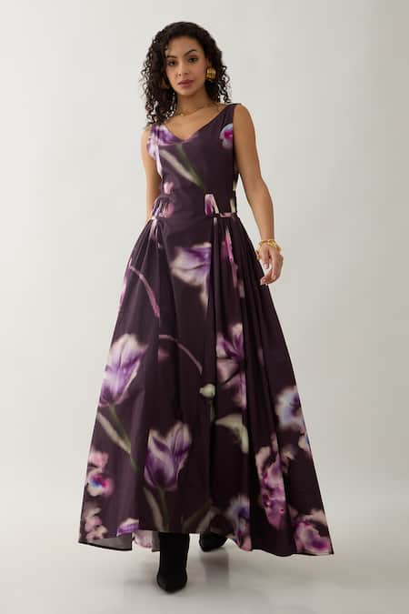 Buy Son Of A Noble Snob Purple Cotton Satin V-neck Floral Maxi Dress Online at Aza Fashions Buy_Son Of A Noble Snob_Purple Cotton Satin V-neck Floral Maxi Dress _Online_at_Aza_Fashions
