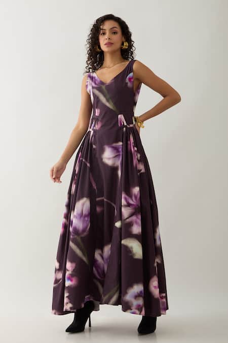 Son of A Noble Snob Purple Cotton Satin V-neck Floral Maxi Dress 