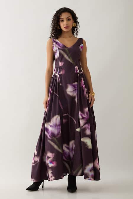 Shop Son Of A Noble Snob Purple Cotton Satin V-neck Floral Maxi Dress Online at Aza Fashions Shop_Son Of A Noble Snob_Purple Cotton Satin V-neck Floral Maxi Dress _Online_at_Aza_Fashions