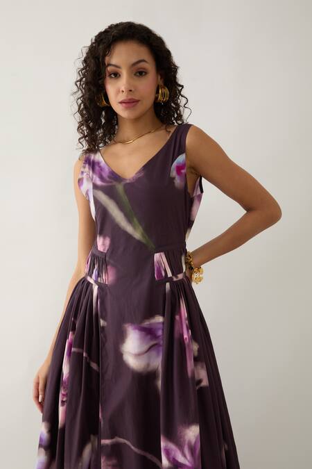 Son Of A Noble Snob Purple Cotton Satin V-neck Floral Maxi Dress at Aza Fashions Son Of A Noble Snob_Purple Cotton Satin V-neck Floral Maxi Dress _at_Aza_Fashions