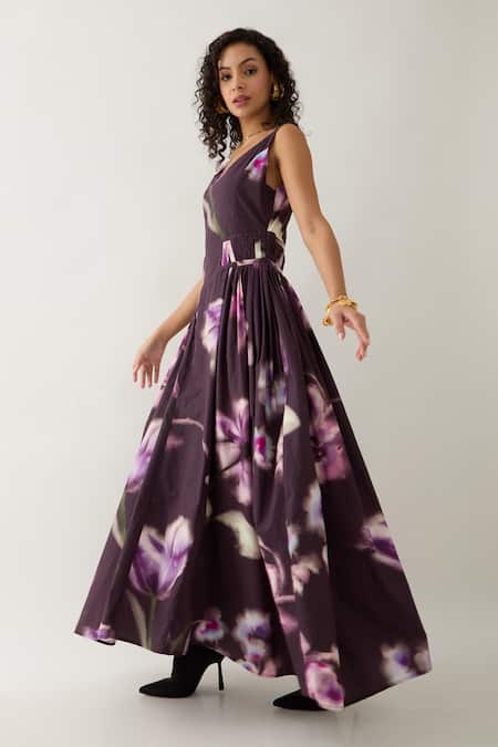 Buy Son Of A Noble Snob Purple Cotton Satin V-neck Floral Maxi Dress Buy_Son Of A Noble Snob_Purple Cotton Satin V-neck Floral Maxi Dress