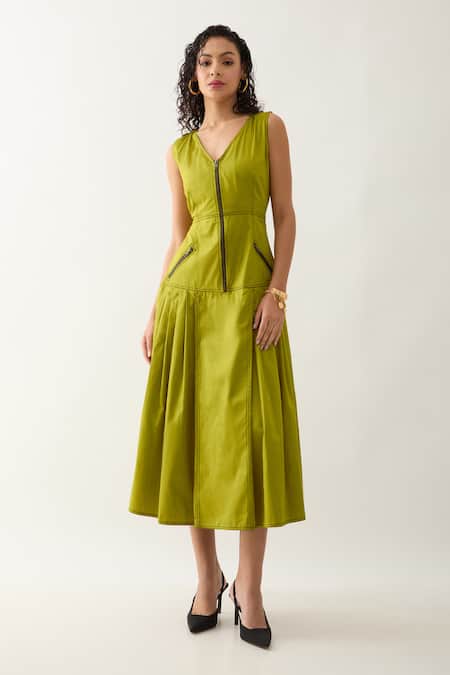 Son of A Noble Snob Green Cotton Satin V-neck Leaf Sleeveless Midi Dress 