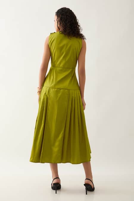 Shop Son Of A Noble Snob Green Cotton Satin V-neck Leaf Sleeveless Midi Dress at Aza Fashions Shop_Son Of A Noble Snob_Green Cotton Satin V-neck Leaf Sleeveless Midi Dress _at_Aza_Fashions