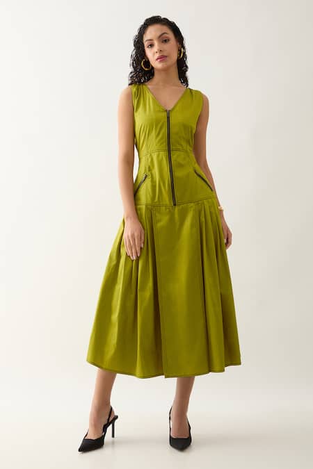 Son Of A Noble Snob Green Cotton Satin V-neck Leaf Sleeveless Midi Dress Online at Aza Fashions Son Of A Noble Snob_Green Cotton Satin V-neck Leaf Sleeveless Midi Dress _Online_at_Aza_Fashions
