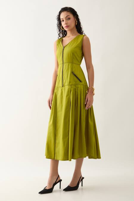 Buy Son Of A Noble Snob Green Cotton Satin V-neck Leaf Sleeveless Midi Dress Online at Aza Fashions Buy_Son Of A Noble Snob_Green Cotton Satin V-neck Leaf Sleeveless Midi Dress _Online_at_Aza_Fashions