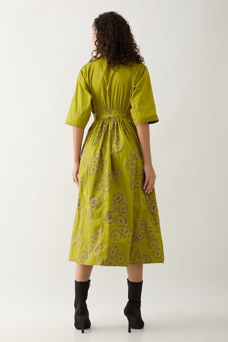 Shop Son Of A Noble Snob Green Cotton Satin V-neck Leaf Midi Dress With Belt at Aza Fashions Shop_Son Of A Noble Snob_Green Cotton Satin V-neck Leaf Midi Dress With Belt _at_Aza_Fashions