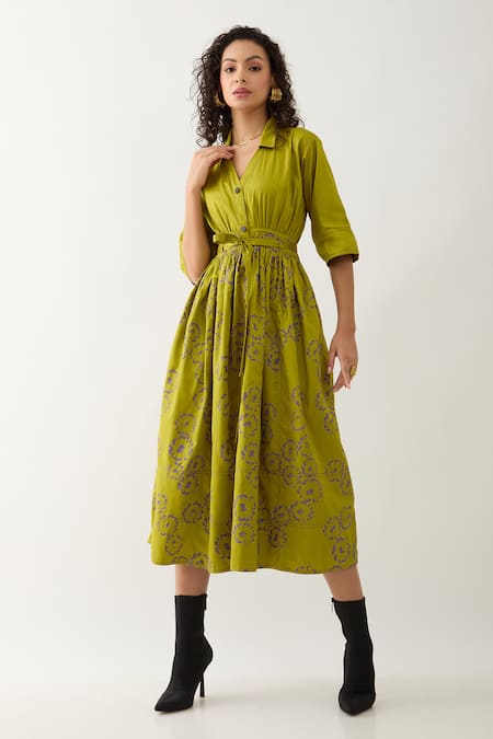 Son Of A Noble Snob Green Cotton Satin V-neck Leaf Midi Dress With Belt Online at Aza Fashions Son Of A Noble Snob_Green Cotton Satin V-neck Leaf Midi Dress With Belt _Online_at_Aza_Fashions
