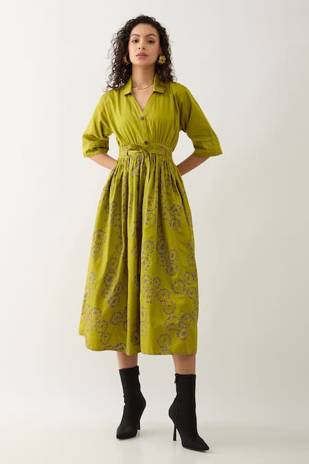 Buy Son Of A Noble Snob Green Cotton Satin V-neck Leaf Midi Dress With Belt Online at Aza Fashions Buy_Son Of A Noble Snob_Green Cotton Satin V-neck Leaf Midi Dress With Belt _Online_at_Aza_Fashions