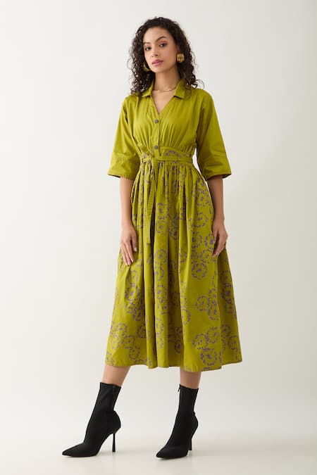 Son of A Noble Snob Green Cotton Satin V-neck Leaf Midi Dress With Belt 