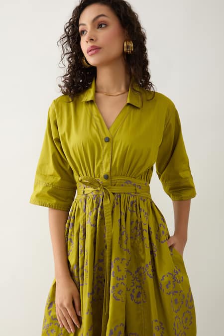 Shop Son Of A Noble Snob Green Cotton Satin V-neck Leaf Midi Dress With Belt Online at Aza Fashions Shop_Son Of A Noble Snob_Green Cotton Satin V-neck Leaf Midi Dress With Belt _Online_at_Aza_Fashions