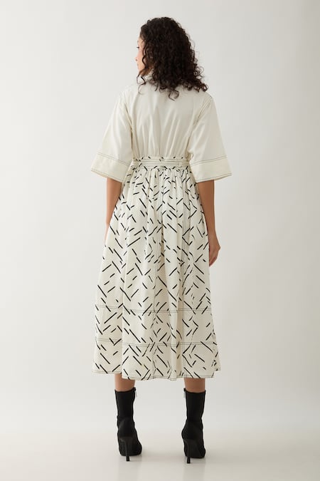 Shop Son Of A Noble Snob Off White Cotton Satin V-neck Delta Pathway Print Midi Dress at Aza Fashions Shop_Son Of A Noble Snob_Off White Cotton Satin V-neck Delta Pathway Print Midi Dress _at_Aza_Fashions