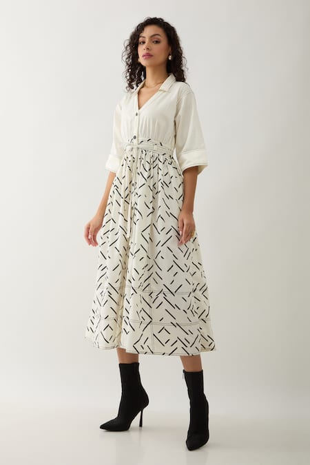 Son Of A Noble Snob Off White Cotton Satin V-neck Delta Pathway Print Midi Dress Online at Aza Fashions Son Of A Noble Snob_Off White Cotton Satin V-neck Delta Pathway Print Midi Dress _Online_at_Aza_Fashions