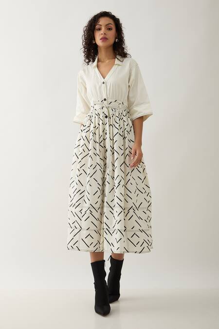 Buy Son Of A Noble Snob Off White Cotton Satin V-neck Delta Pathway Print Midi Dress Online at Aza Fashions Buy_Son Of A Noble Snob_Off White Cotton Satin V-neck Delta Pathway Print Midi Dress _Online_at_Aza_Fashions