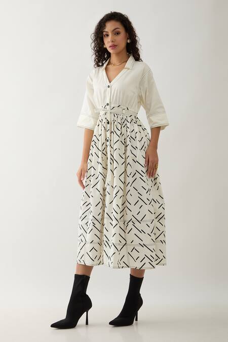 Shop Son Of A Noble Snob Off White Cotton Satin V-neck Delta Pathway Print Midi Dress Online at Aza Fashions Shop_Son Of A Noble Snob_Off White Cotton Satin V-neck Delta Pathway Print Midi Dress _Online_at_Aza_Fashions