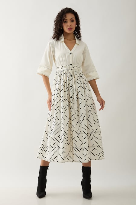 Son of A Noble Snob Off White Cotton Satin V-neck Delta Pathway Print Midi Dress 