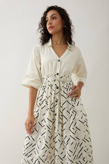 Buy Son Of A Noble Snob Off White Cotton Satin V-neck Delta Pathway Print Midi Dress Buy_Son Of A Noble Snob_Off White Cotton Satin V-neck Delta Pathway Print Midi Dress