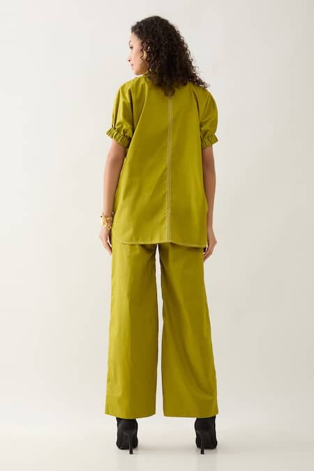 Shop Son Of A Noble Snob Green Cotton Satin Collared Leaf Demure Co-ord Set at Aza Fashions Shop_Son Of A Noble Snob_Green Cotton Satin Collared Leaf Demure Co-ord Set _at_Aza_Fashions