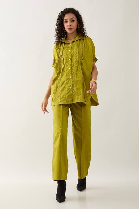 Shop Son Of A Noble Snob Green Cotton Satin Collared Leaf Demure Co-ord Set Online at Aza Fashions Shop_Son Of A Noble Snob_Green Cotton Satin Collared Leaf Demure Co-ord Set _Online_at_Aza_Fashions