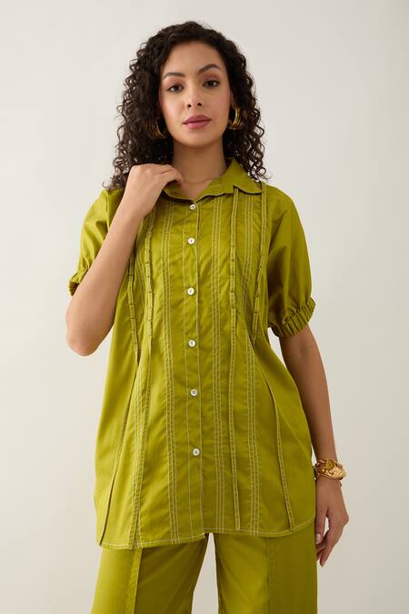 Son Of A Noble Snob Green Cotton Satin Collared Leaf Demure Co-ord Set at Aza Fashions Son Of A Noble Snob_Green Cotton Satin Collared Leaf Demure Co-ord Set _at_Aza_Fashions