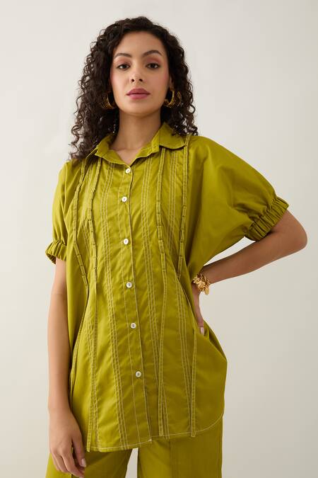 Buy Son Of A Noble Snob Green Cotton Satin Collared Leaf Demure Co-ord Set Buy_Son Of A Noble Snob_Green Cotton Satin Collared Leaf Demure Co-ord Set