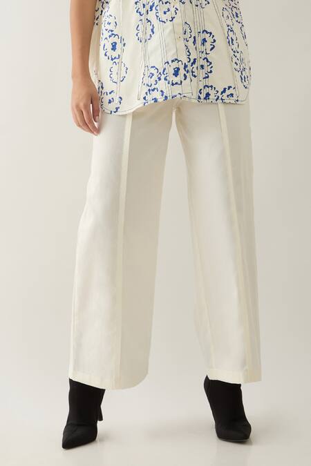 Buy_Son Of A Noble Snob_Off White Cotton Satin Collared Demur Anther Print Shirt And Pant Set _Online_at_Aza_Fashions