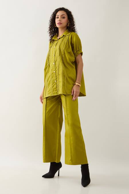 Son Of A Noble Snob Green Cotton Satin Embroidery Collared Leaf Demure Shirt Online at Aza Fashions Son Of A Noble Snob_Green Cotton Satin Embroidery Collared Leaf Demure Shirt _Online_at_Aza_Fashions