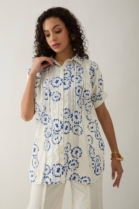 Buy Son Of A Noble Snob Off White Cotton Satin Collared Demure Anther Print Shirt Buy_Son Of A Noble Snob_Off White Cotton Satin Collared Demure Anther Print Shirt