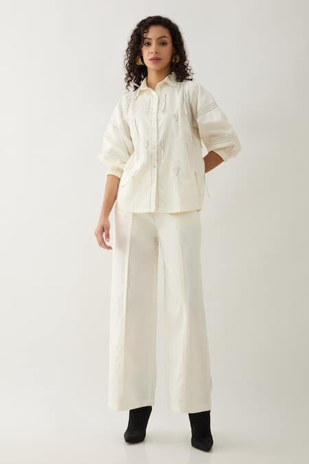 Son of A Noble Snob Off White Cotton Satin Collared Drip Puff Sleeve Shirt 