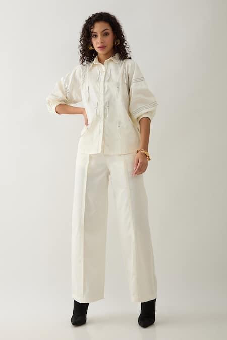 Son Of A Noble Snob Off White Cotton Satin Collared Drip Puff Sleeve Shirt at Aza Fashions Son Of A Noble Snob_Off White Cotton Satin Collared Drip Puff Sleeve Shirt _at_Aza_Fashions