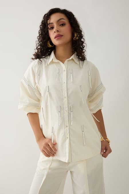 Buy Son Of A Noble Snob Off White Cotton Satin Collared Drip Puff Sleeve Shirt Buy_Son Of A Noble Snob_Off White Cotton Satin Collared Drip Puff Sleeve Shirt
