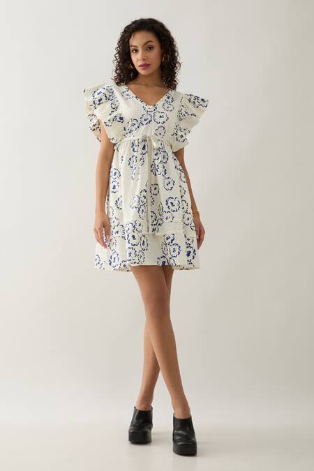 Son Of A Noble Snob Off White Cotton Satin V-neck Gala Anther Print Dress Online at Aza Fashions Son Of A Noble Snob_Off White Cotton Satin V-neck Gala Anther Print Dress _Online_at_Aza_Fashions