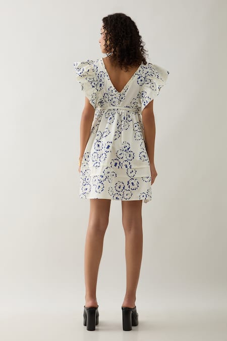 Shop Son Of A Noble Snob Off White Cotton Satin V-neck Gala Anther Print Dress at Aza Fashions Shop_Son Of A Noble Snob_Off White Cotton Satin V-neck Gala Anther Print Dress _at_Aza_Fashions