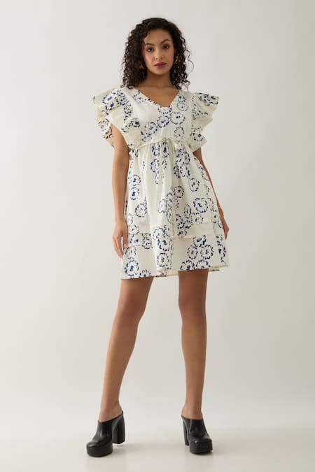 Son of A Noble Snob Off White Cotton Satin V-neck Gala Anther Print Dress 