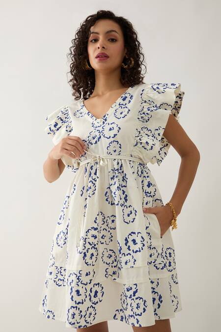 Shop Son Of A Noble Snob Off White Cotton Satin V-neck Gala Anther Print Dress Online at Aza Fashions Shop_Son Of A Noble Snob_Off White Cotton Satin V-neck Gala Anther Print Dress _Online_at_Aza_Fashions