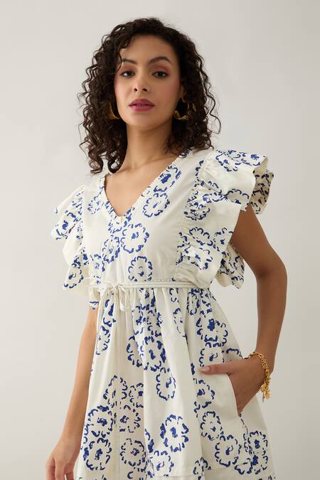 Son Of A Noble Snob Off White Cotton Satin V-neck Gala Anther Print Dress at Aza Fashions Son Of A Noble Snob_Off White Cotton Satin V-neck Gala Anther Print Dress _at_Aza_Fashions