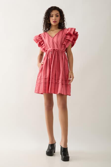Buy_Son Of A Noble Snob_Pink Cotton Satin V-neck Salmon Catkin Print Dress _Online_at_Aza_Fashions
