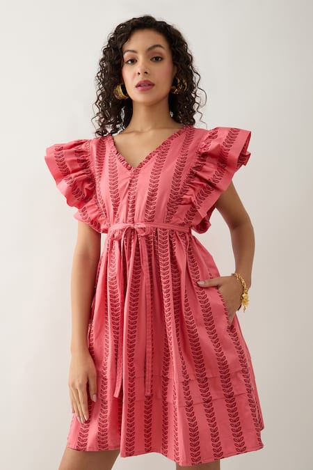 Shop_Son Of A Noble Snob_Pink Cotton Satin V-neck Salmon Catkin Print Dress _Online_at_Aza_Fashions