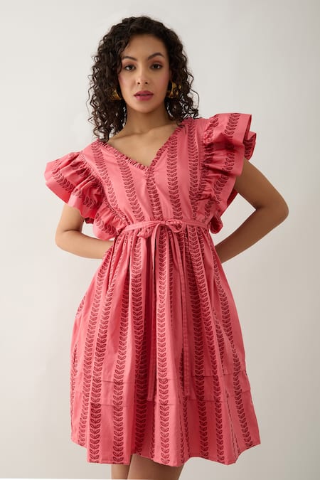 Son Of A Noble Snob_Pink Cotton Satin V-neck Salmon Catkin Print Dress _at_Aza_Fashions