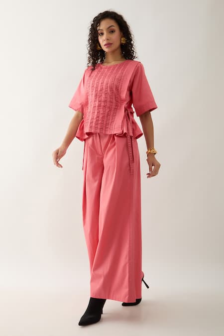 Son Of A Noble Snob Pink Cotton Satin Embroidery Round Neck Gordon Salmon Co-ord Set Online at Aza Fashions Son Of A Noble Snob_Pink Cotton Satin Embroidery Round Neck Gordon Salmon Co-ord Set _Online_at_Aza_Fashions