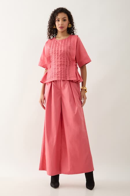 Son of A Noble Snob Pink Cotton Satin Embroidery Round Neck Gordon Salmon Co-ord Set 