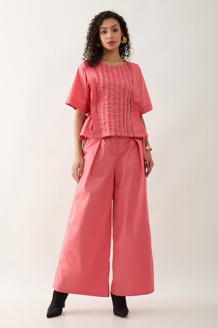 Buy Son Of A Noble Snob Pink Cotton Satin Embroidery Round Neck Gordon Salmon Co-ord Set Online at Aza Fashions Buy_Son Of A Noble Snob_Pink Cotton Satin Embroidery Round Neck Gordon Salmon Co-ord Set _Online_at_Aza_Fashions