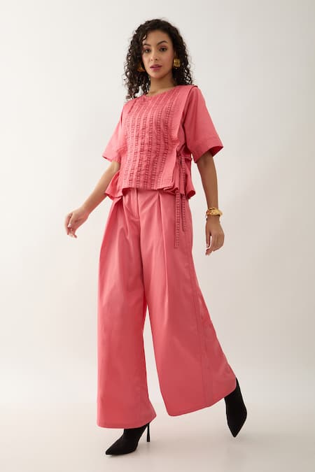 Shop Son Of A Noble Snob Pink Cotton Satin Embroidery Round Neck Gordon Salmon Co-ord Set Online at Aza Fashions Shop_Son Of A Noble Snob_Pink Cotton Satin Embroidery Round Neck Gordon Salmon Co-ord Set _Online_at_Aza_Fashions