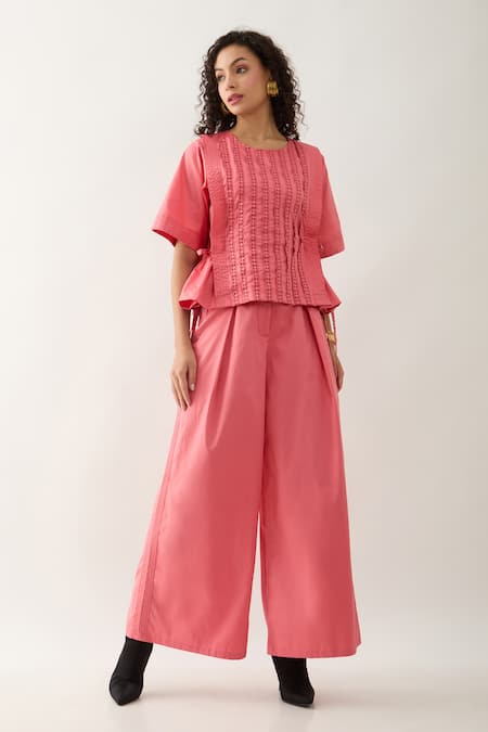 Buy Son Of A Noble Snob Pink Cotton Satin Embroidery Round Neck Gordon Salmon Co-ord Set Buy_Son Of A Noble Snob_Pink Cotton Satin Embroidery Round Neck Gordon Salmon Co-ord Set