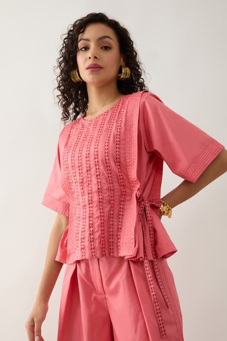 Shop Son Of A Noble Snob Pink Cotton Satin Embroidery Round Neck Gordon Salmon Co-ord Set Shop_Son Of A Noble Snob_Pink Cotton Satin Embroidery Round Neck Gordon Salmon Co-ord Set