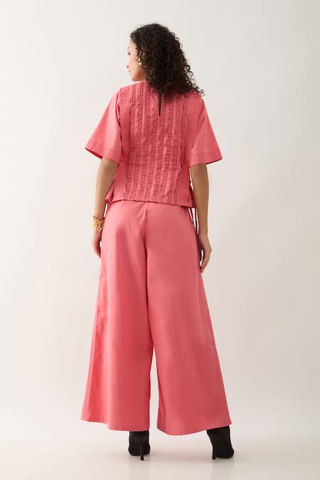 Shop Son Of A Noble Snob Pink Cotton Satin Round Neck Gordon Salmon Top at Aza Fashions Shop_Son Of A Noble Snob_Pink Cotton Satin Round Neck Gordon Salmon Top _at_Aza_Fashions