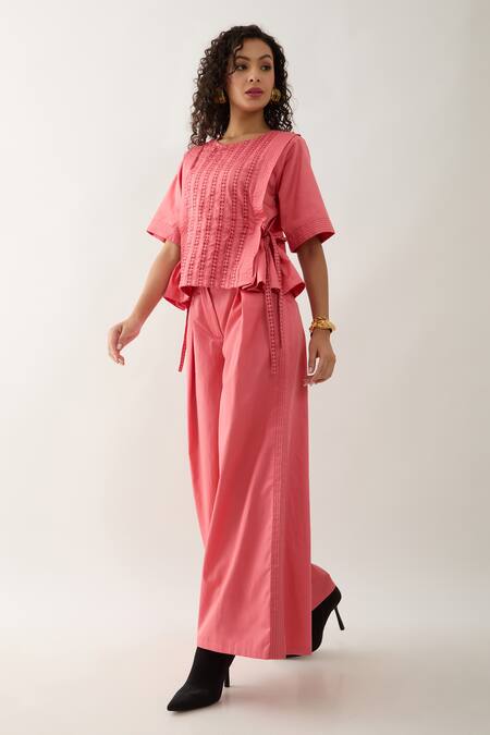 Shop Son Of A Noble Snob Pink Cotton Satin Round Neck Gordon Salmon Top Shop_Son Of A Noble Snob_Pink Cotton Satin Round Neck Gordon Salmon Top