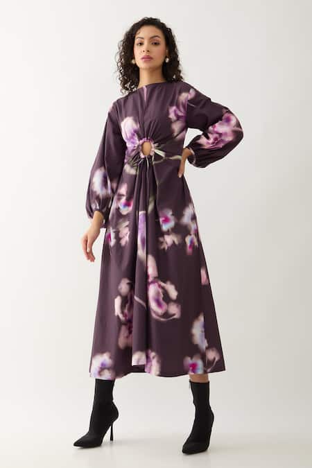 Son of A Noble Snob Purple Cotton Satin Round Neck Grace Midi Dress 