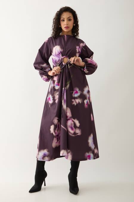 Son Of A Noble Snob_Purple Cotton Satin Round Neck Grace Midi Dress _Online_at_Aza_Fashions