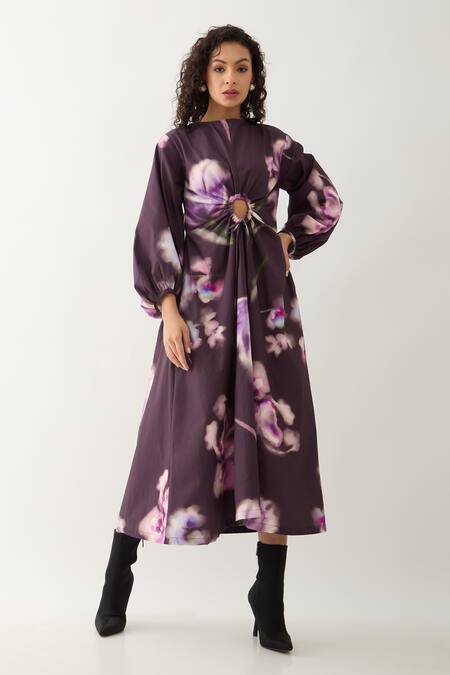Buy_Son Of A Noble Snob_Purple Cotton Satin Round Neck Grace Midi Dress _Online_at_Aza_Fashions